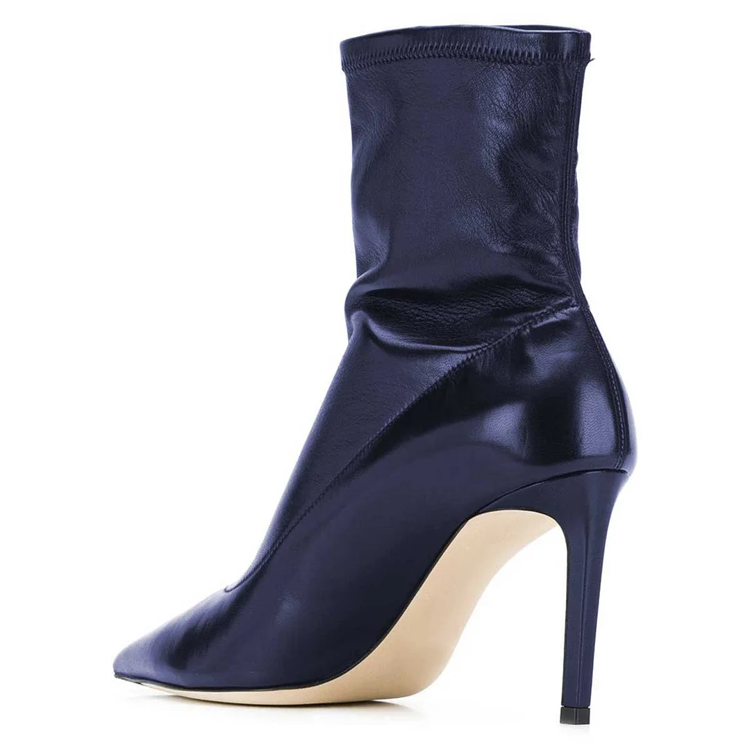 Classic Navy Pointed Toe Stiletto High Heel Stretch Booties for Women