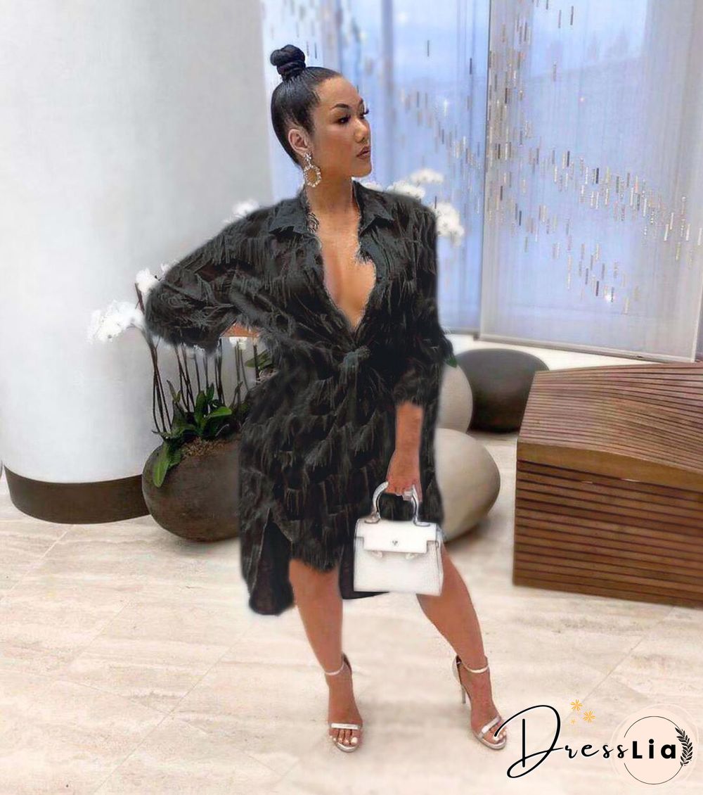 Echoine Feather Tassel Shirt Dress Autumn Sexy White Vintage Vestidos Ladies Elegant Party Club Dresses Outfits Black