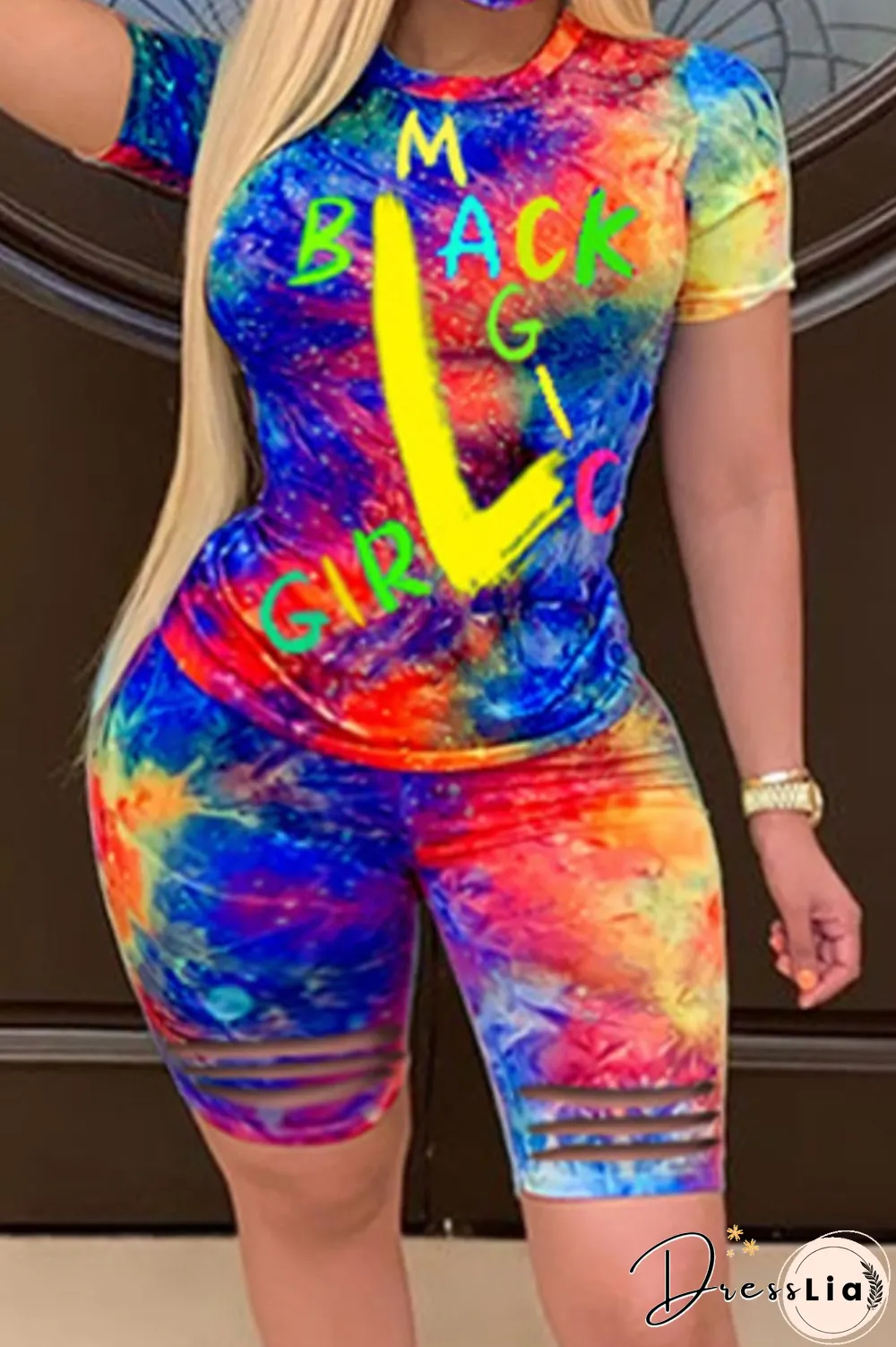 Fashion Casual O Neck Short Sleeve Regular Sleeve Print Plus Size Set（With Mask）