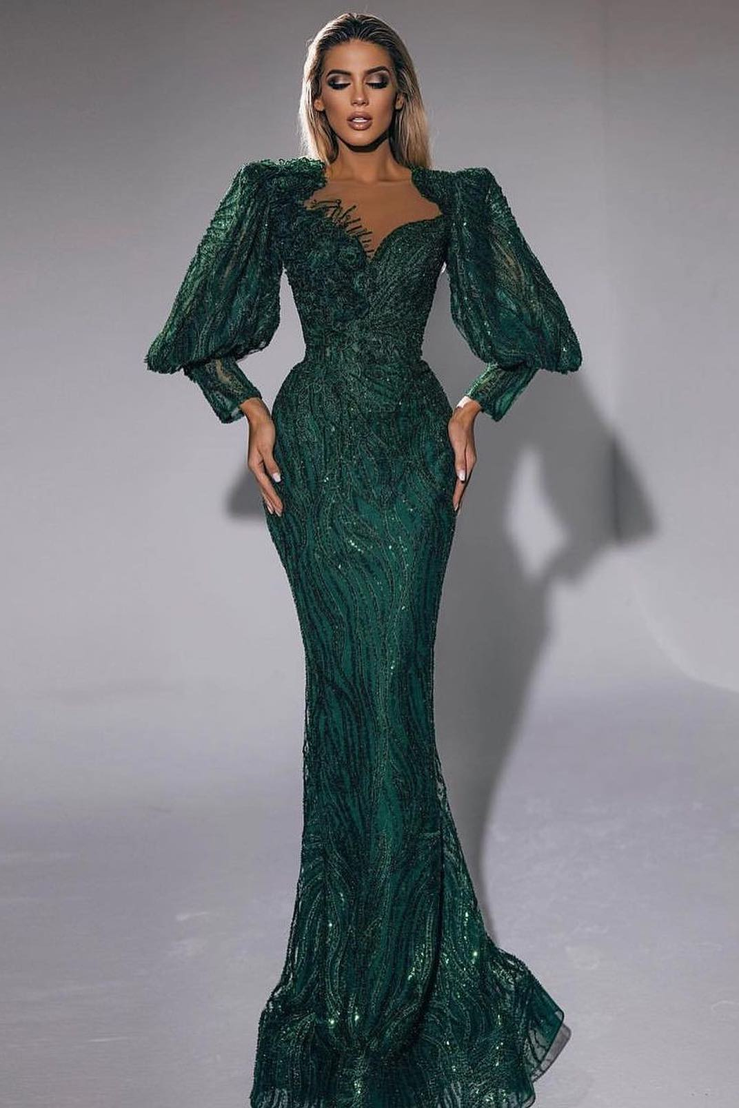 Daisda Dark Green Sweetheart Long Sleeves Mermaid Evening Dress With