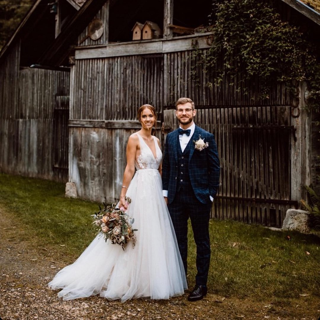 Beautiful Deep V-neck Floor-length Floral Wedding Dress Open Back A-Line With Tulle | Ballbellas Ballbellas