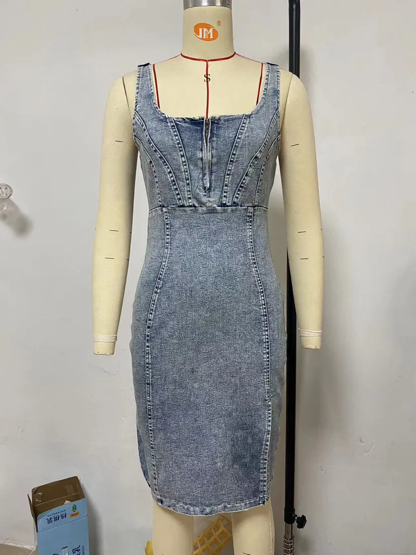 Short Sleeve U-Neck Strap Distressed Casual Denim Dress