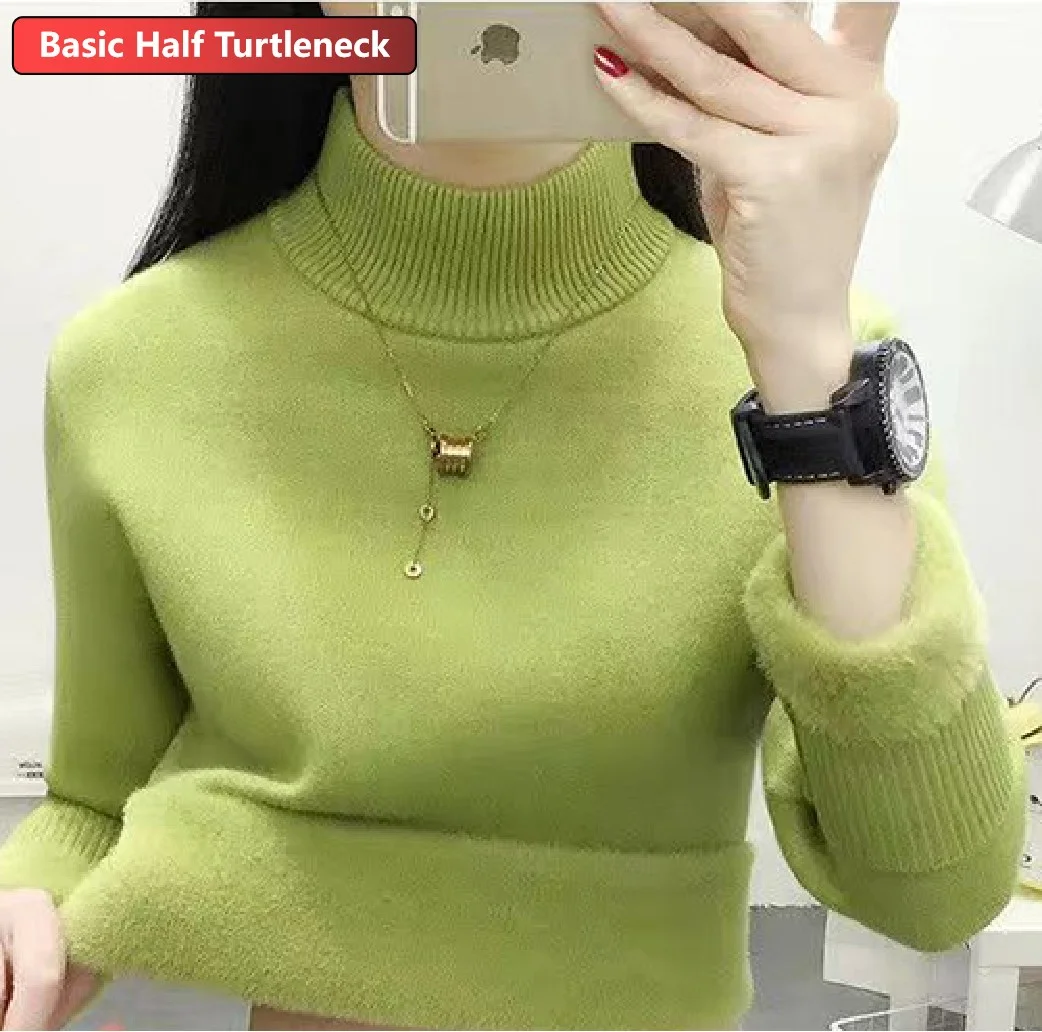Uveng Warm Sweater Pullover Women Slim Thicken Plush Velvet Lined Knitwear Jumper Korean Half Turtleneck Poleras Soft Knit Tops