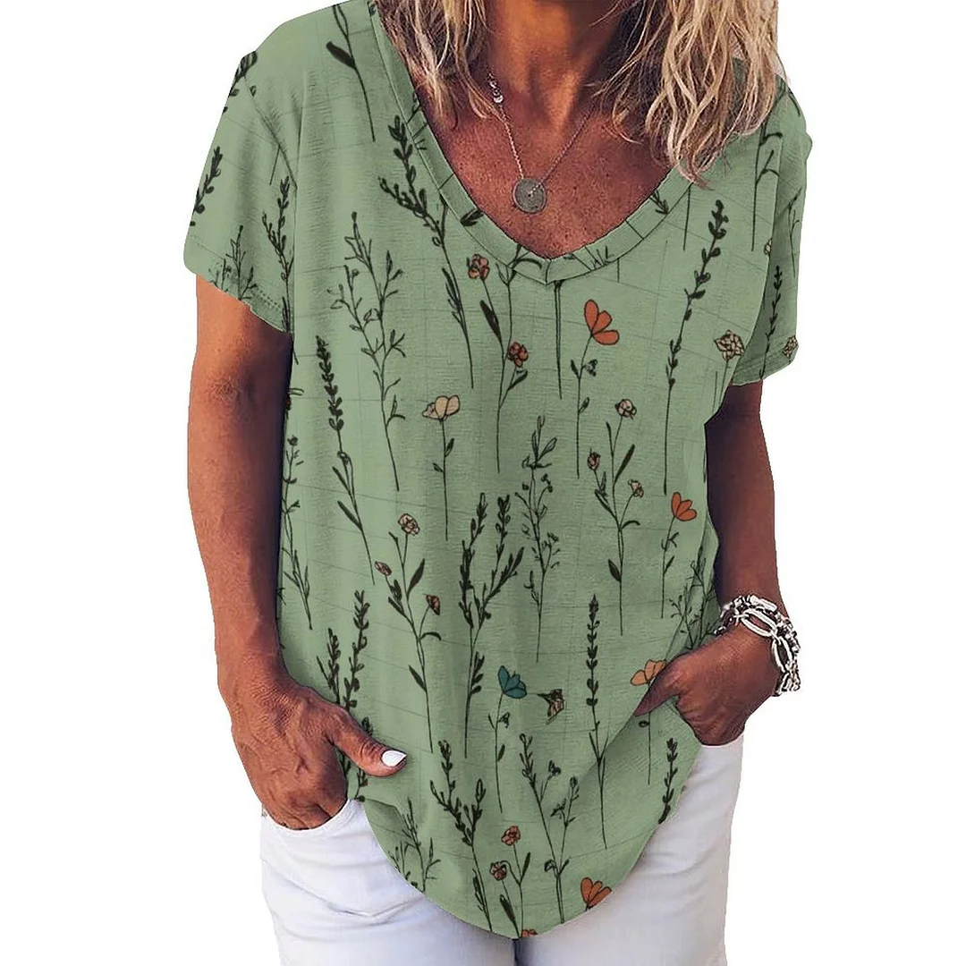 V-neck Short Sleeve Casual T-shirt for  Women Printed with Pattern Green, Red, Floral
