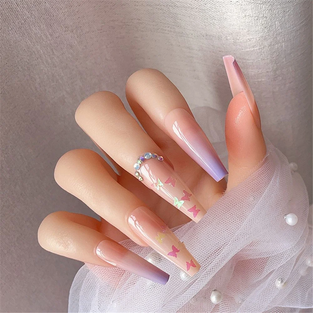 Lilac gradient Butterfly Pattern Fake Nails Full cover False Nails Extra Long Ballerina Coffin Nails Manicure Nail Art Tools
