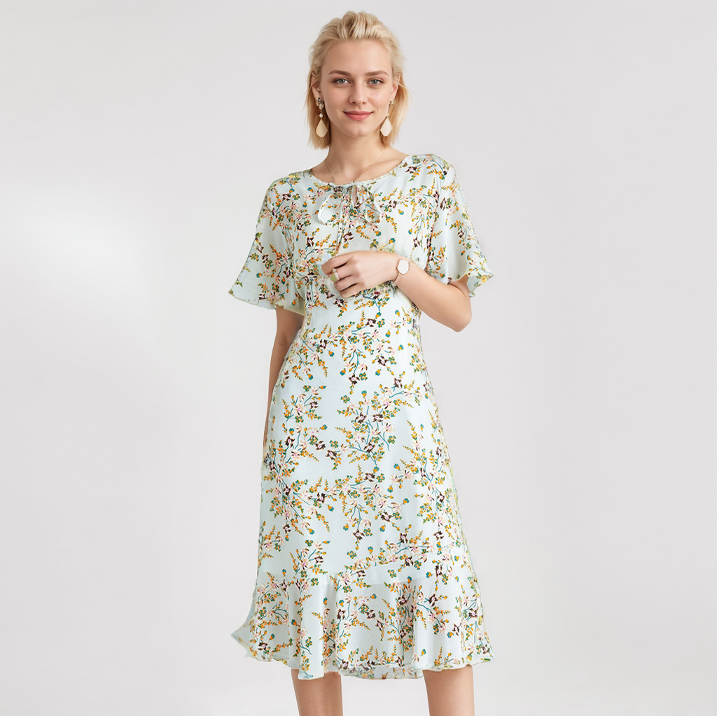 Green 100 Silk Floral Print Dress Beach Style REAL SILK LIFE