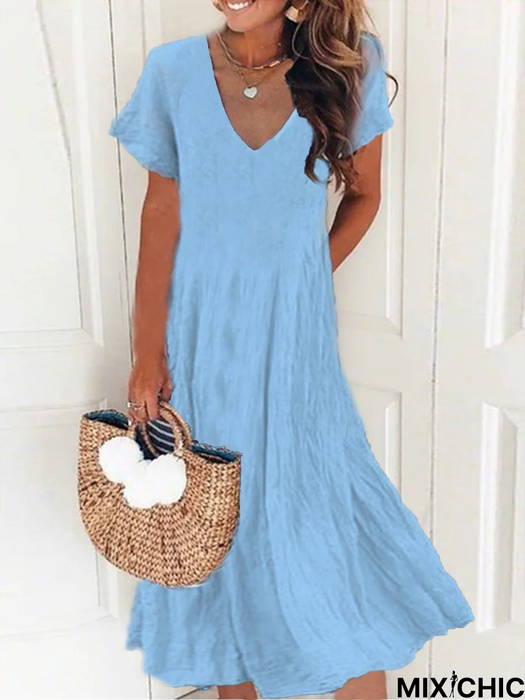 New Women Chic Vintage Boho Hippie Short Sleeve V Neck Plain Casual Weaving Dress