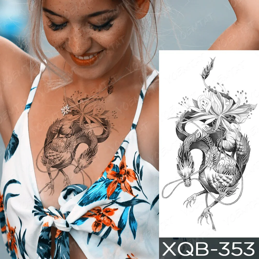 Waterproof Temporary Tattoo Sticker Sword Prajna Flowers Tattoos Indian Eagle Dragon Tiger Body Art Arm Fake Sleeve Tatoo Women