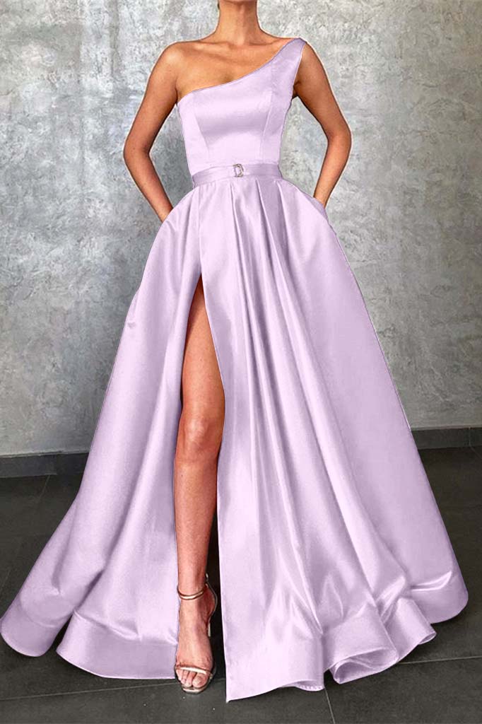 Daisda Glamorous One Shoulder Red Prom Dress Slit With Pockets
