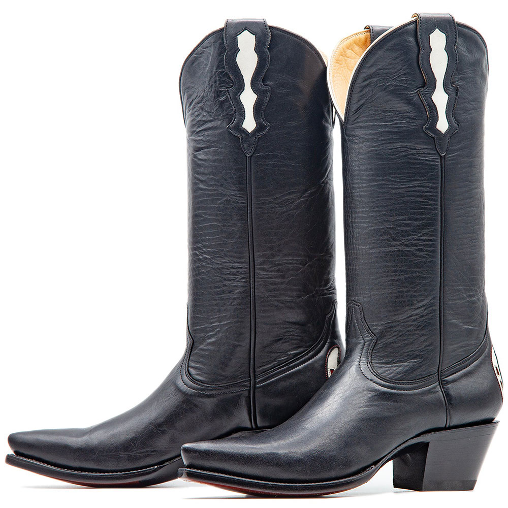 Vegan Leather Pointed Toe Chunky Heel Knee-High Cowgirl Boots in Black Nicepairs