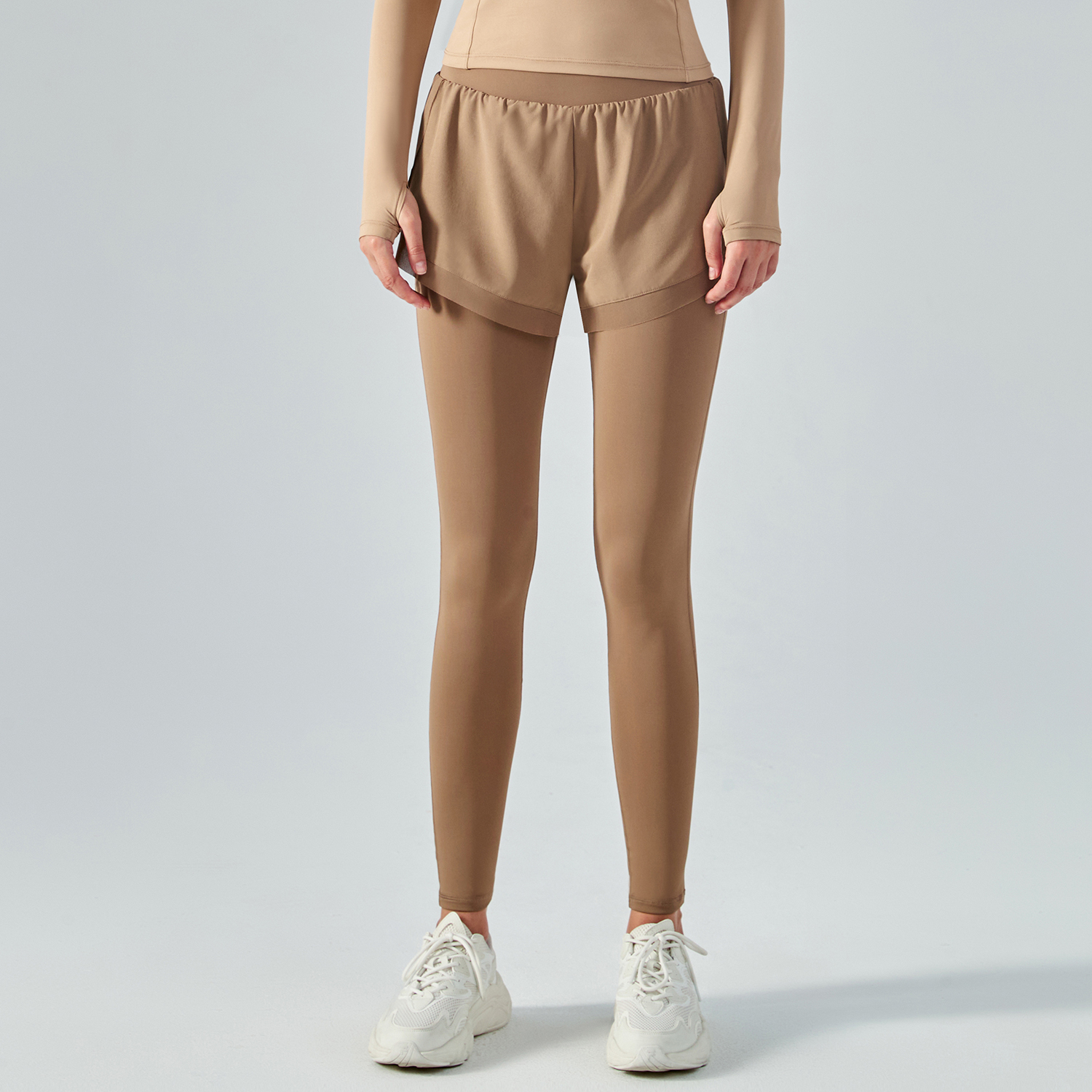 Hergymclothing Cocoa fake 2 pieces high waist butt lifting pocket yoga leggings with shorts for sale