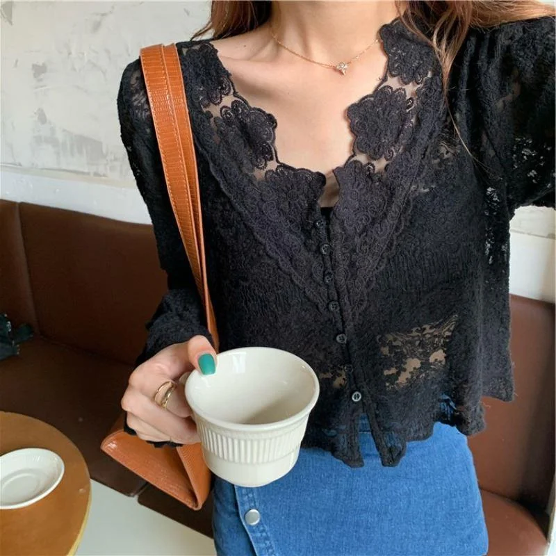 Women Shirts Spring Summer Female Tops Lace Single Breasted Cardigan Hollow Elegant Casual All Match Blouse