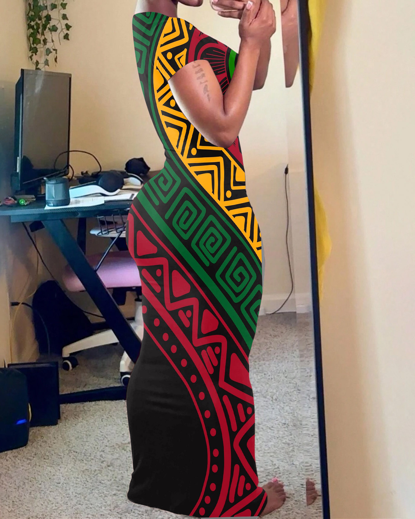 Jamaican Tribal Prints Casual Short Sleeve Bodycon Dress