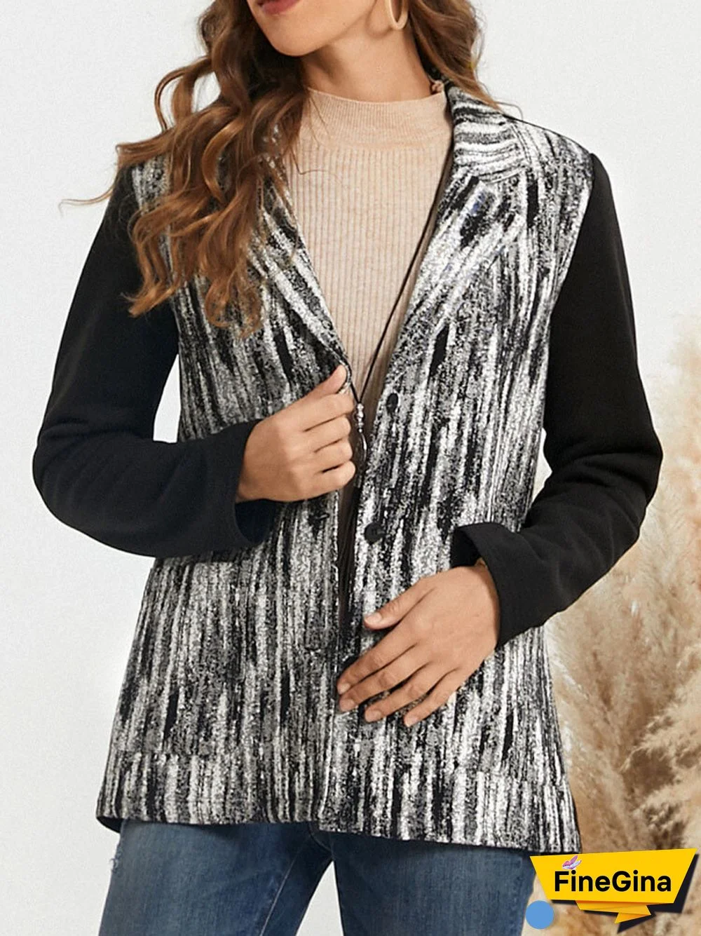 Vintage Print Pocket Button Lapel Long Sleeve Jacket