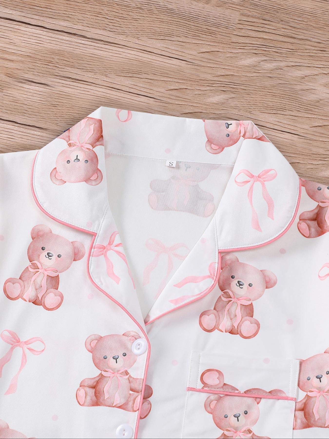 Women's Bear Print Knit Short Sleeve Top & Elastic Waist Shorts Pajama Set, Casual Fit Comfy Soft Cute Shirt & Shorts Loungewear Set, Ladies Sleepwear for Summer Pjs