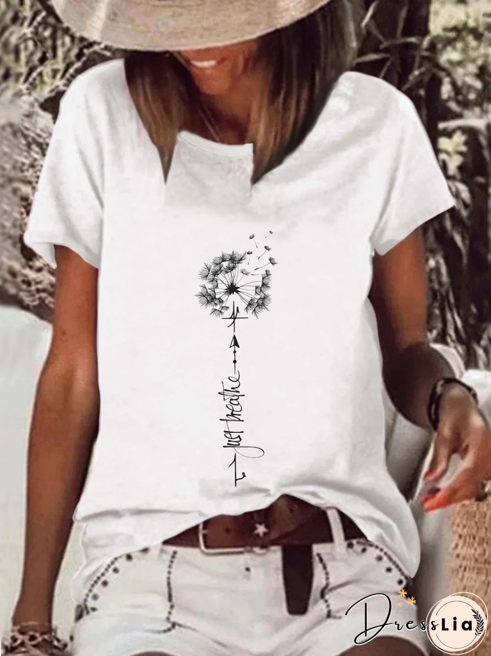Casual Dandelion Short Sleeve Round Neck Plus Size Printed Tops T-shirts