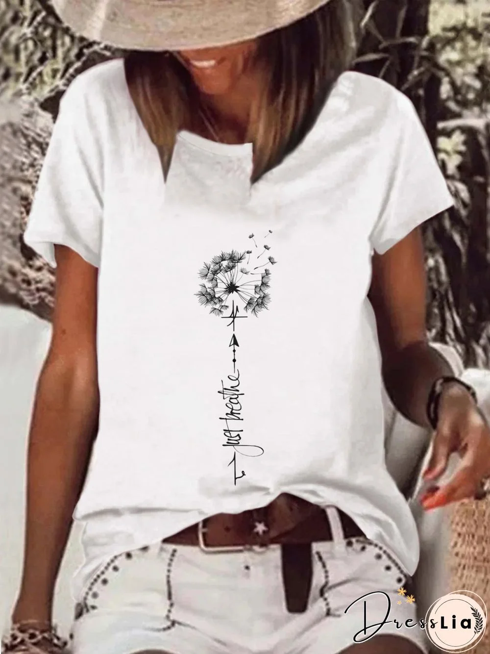 Casual Dandelion Short Sleeve Round Neck Plus Size Printed Tops T-shirts