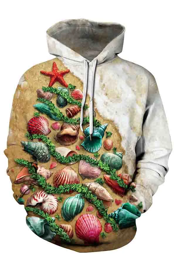Long Sleeve Drawstring Neck Shell Print Christmas Hoodie Apricot-elleschic