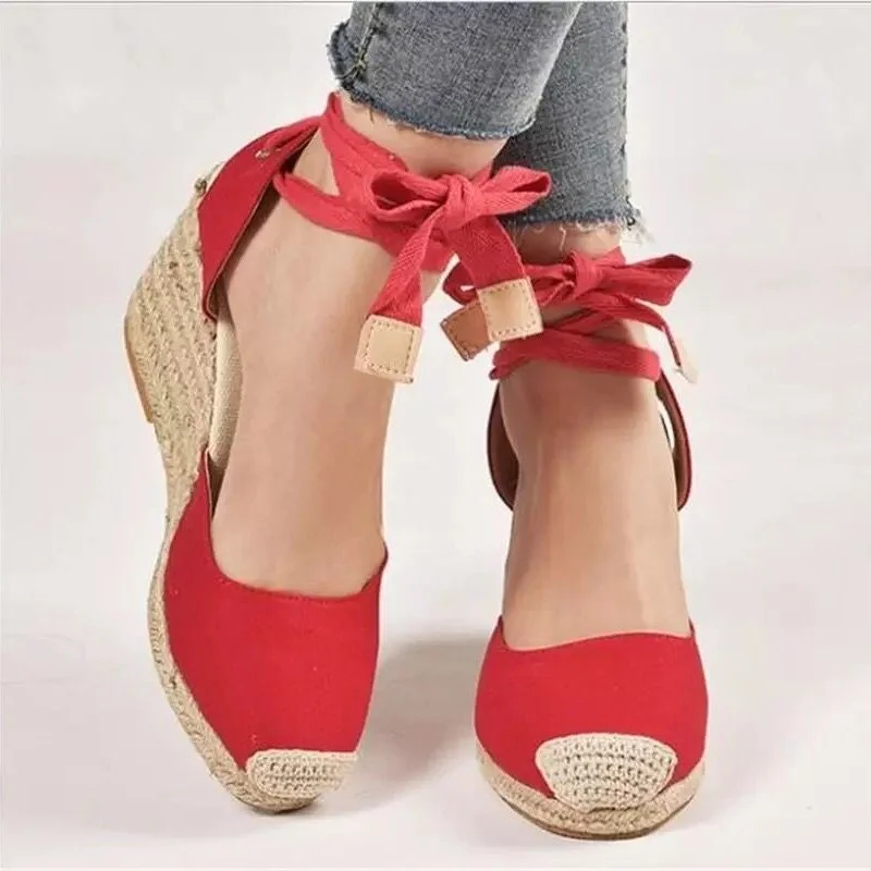 Yyvonne Summer New Large-Size Slopes And Women's Sandals Thick-Soled Buns Heel Heel Heel Tie Cloth Hemp Rope Sandals Women