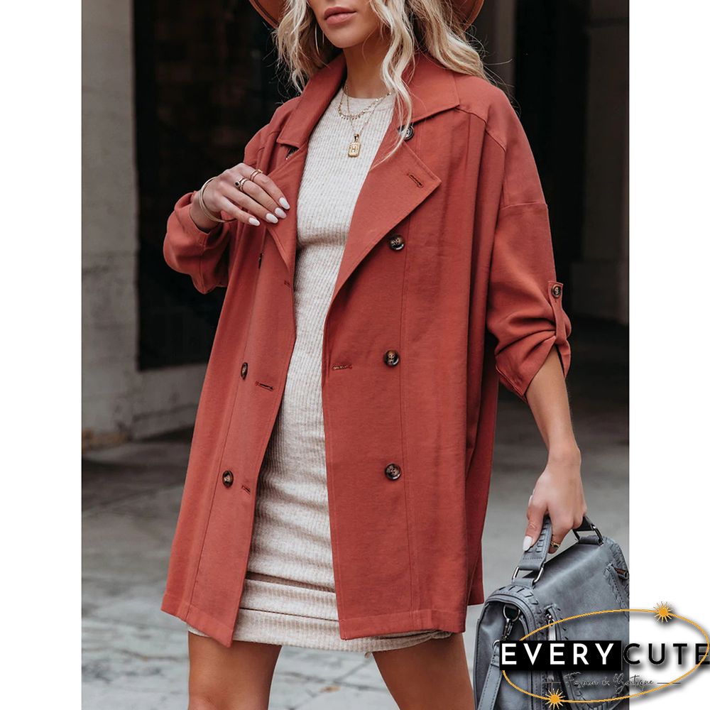 Rust Red Turndown Collar Lightweight Pocket Trench Coat