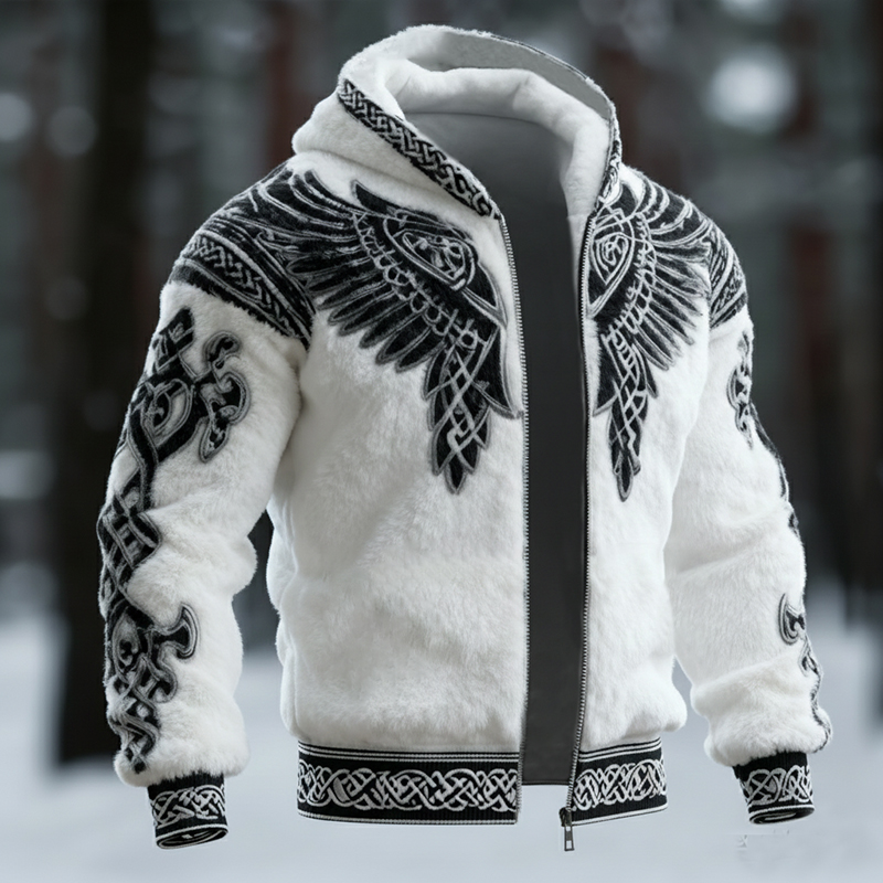 Men's Viking Tribal Jacquard Celtic With Wings Inspired Art Plush Warm Zipped Hooded Jacket elevenforest