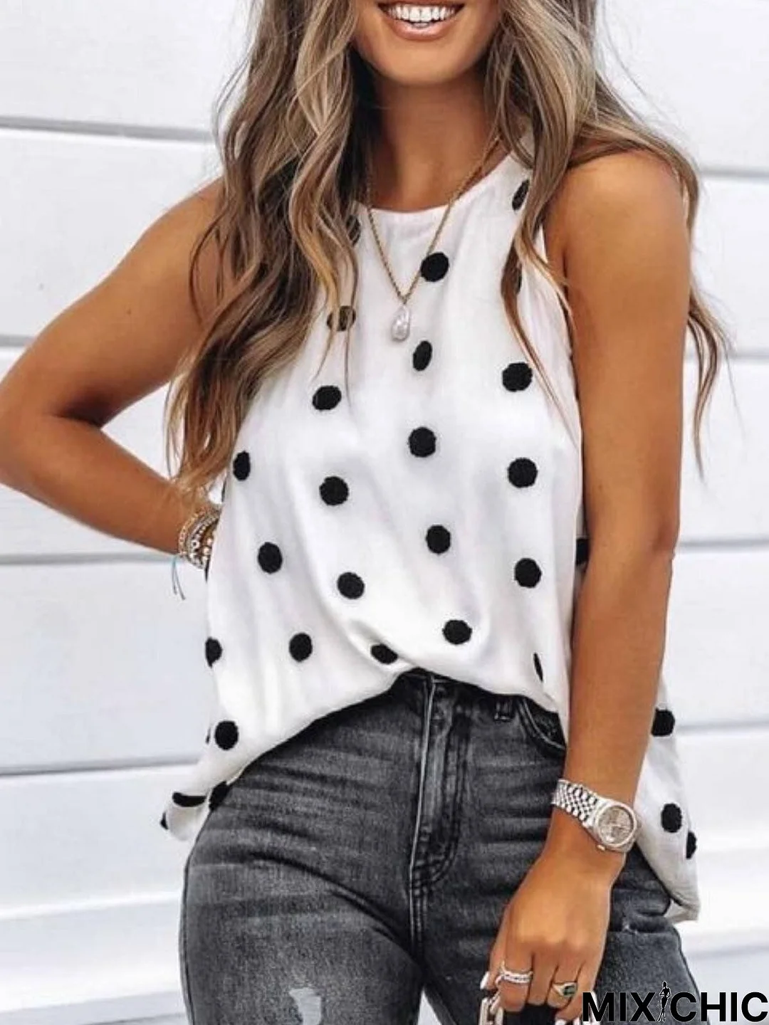 Casual Polka Dots Sleeveless Tops