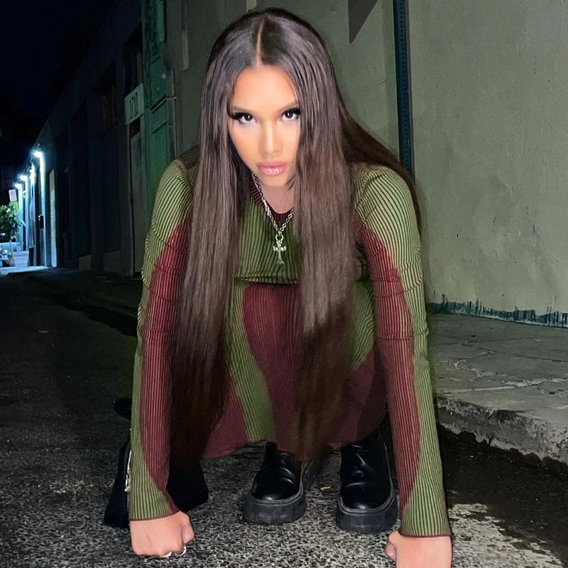 BIIKPIIK Fashion Winter Autumn Women's Clothes Long Sleeve Dress Elegant Bodycon Slim Color Contrast Printed Transparent Dresses