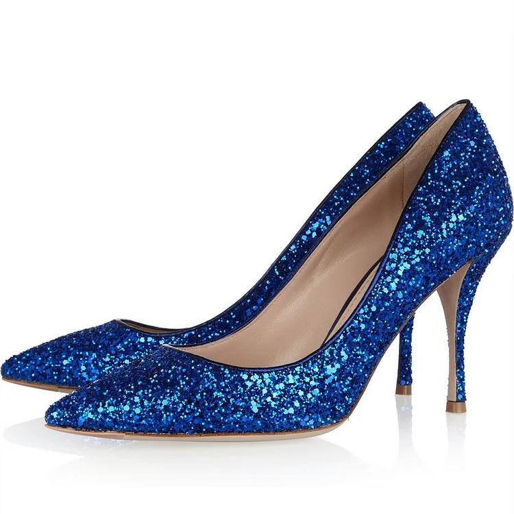 Women's Fashion Royal Blue Heels Pointy Toe Glitter Pumps |FSJ Shoes