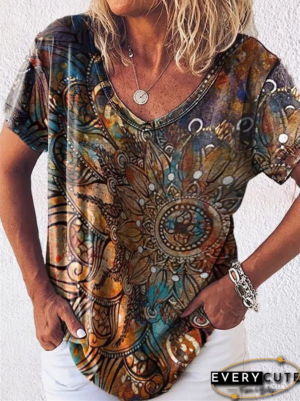 Harajuku T Shirt Women Spring/Summer New Fall Flower Mang Plant Print Short Sleeve V-Neck T-Shirt Tops