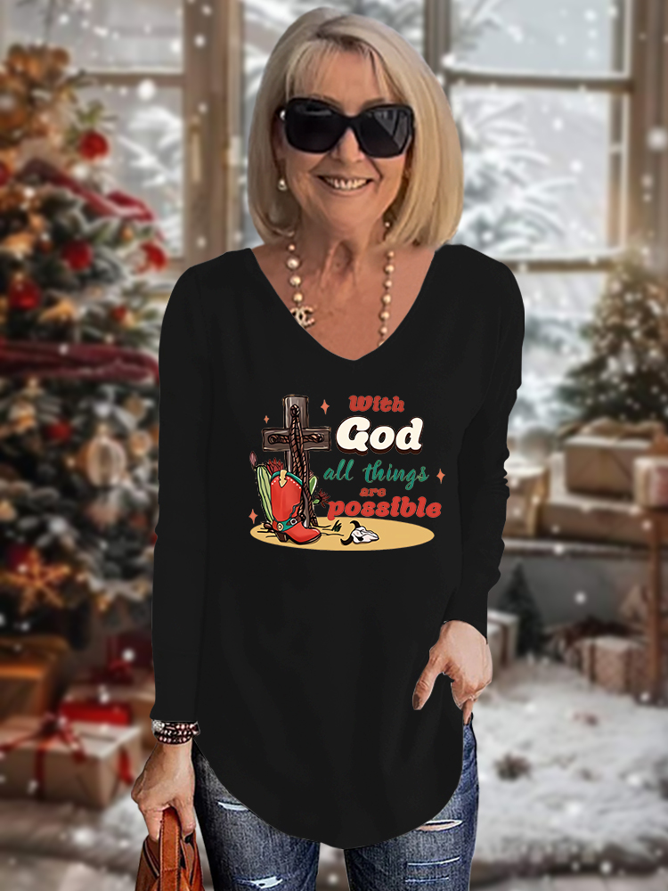 Santa and Jesus Christmas Printed VNeck TShirt