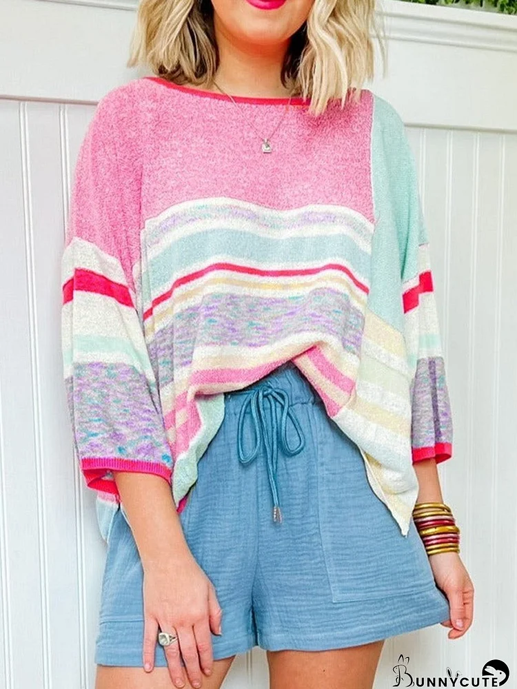Pink Striped Color Block Knit Top with Three-Quarter Sleeves