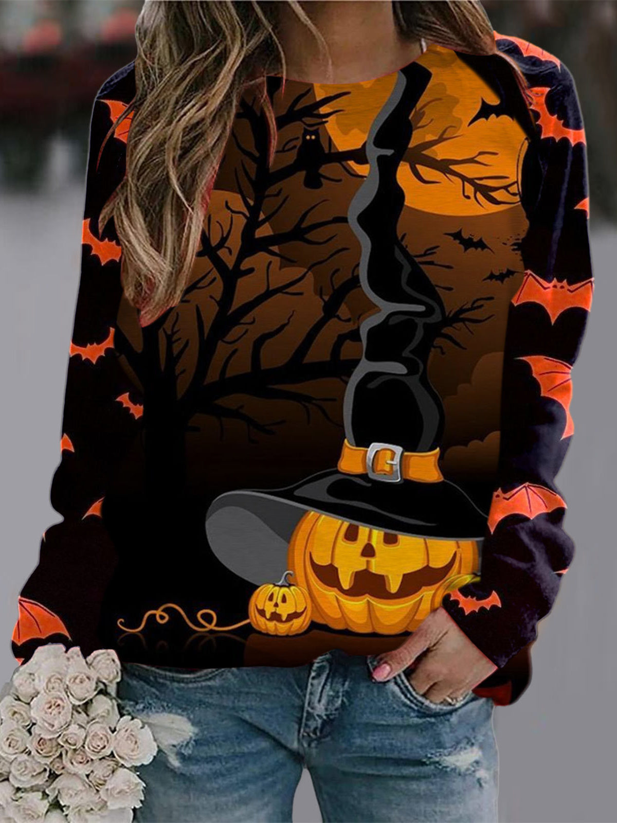 Women Long Sleeve V-neck Graphic Floral Printed Top