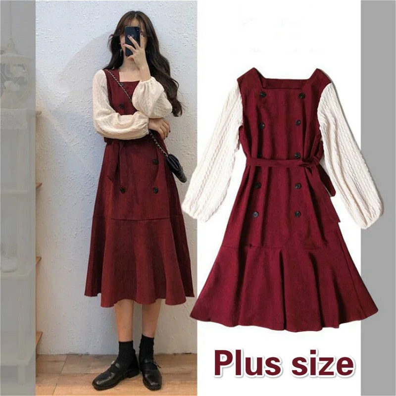 Dresses Women Retro Temperament Plus Size Long Sleeve Square Collar New Party Holiday Patchwork A-Line Female Fashion Vestidos