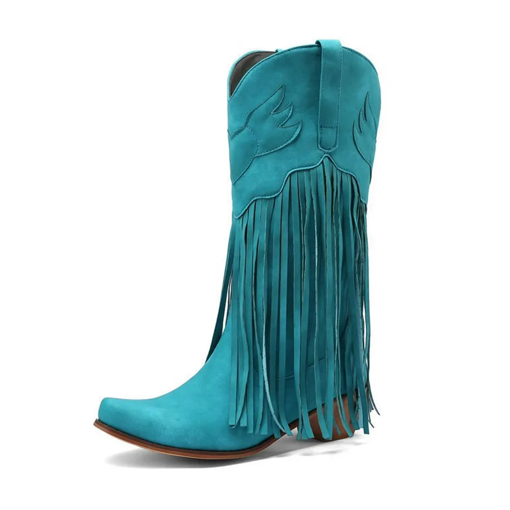 Turquoise Snip Toe Block Heel Embroidered Mid Calf Fringe Cowgirl Boots