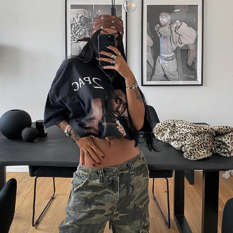 OLCooL American Retro Black Hiphop Short-sleeved T-shirt Women's Summer European And American High Street Hip Hop Loose Spice Girls Half-sleeved Top Ins olcool