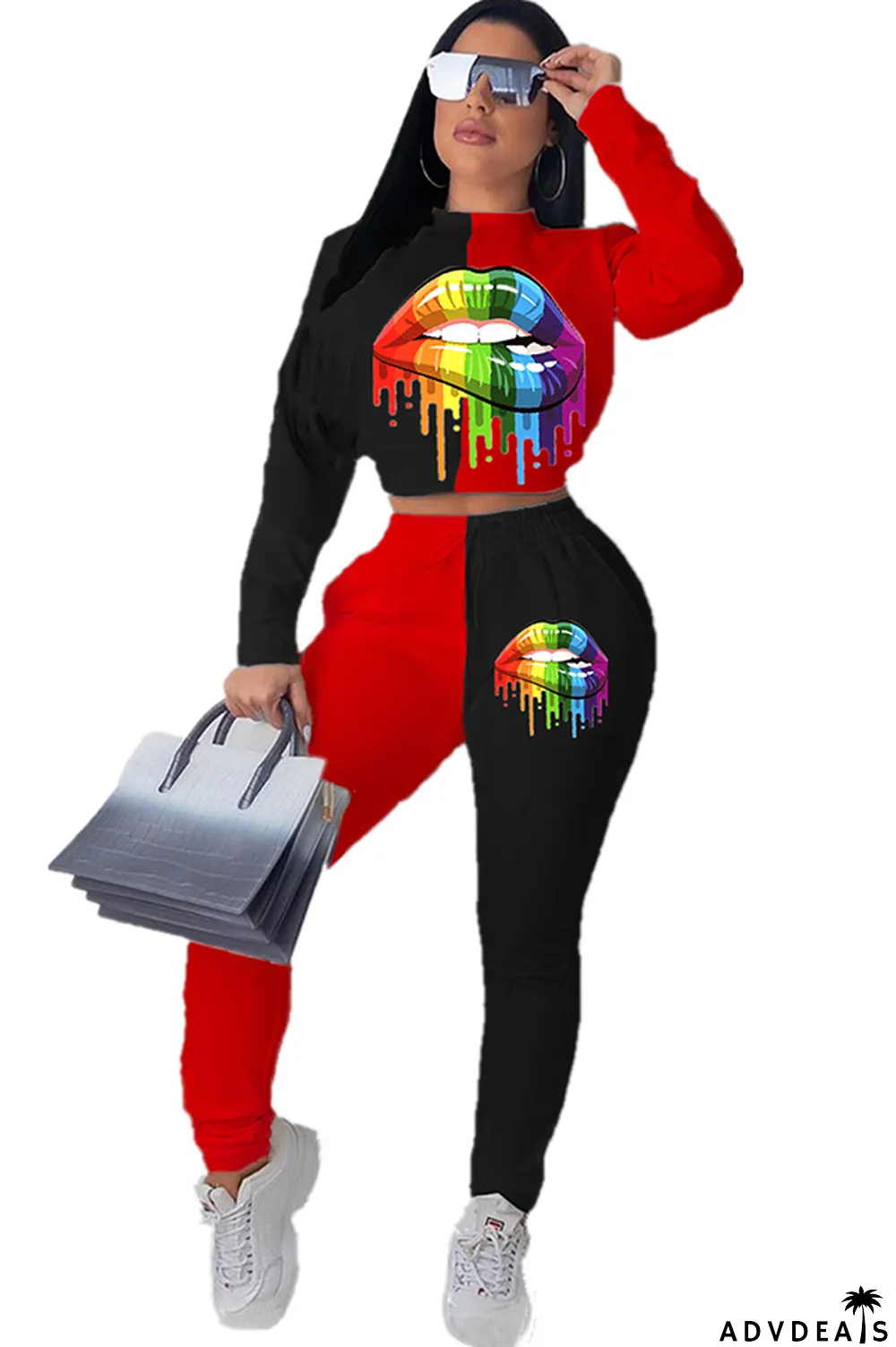 Red Celebrities Two Piece Suits Print Straight Long Sleeve Two-piece Pants Set