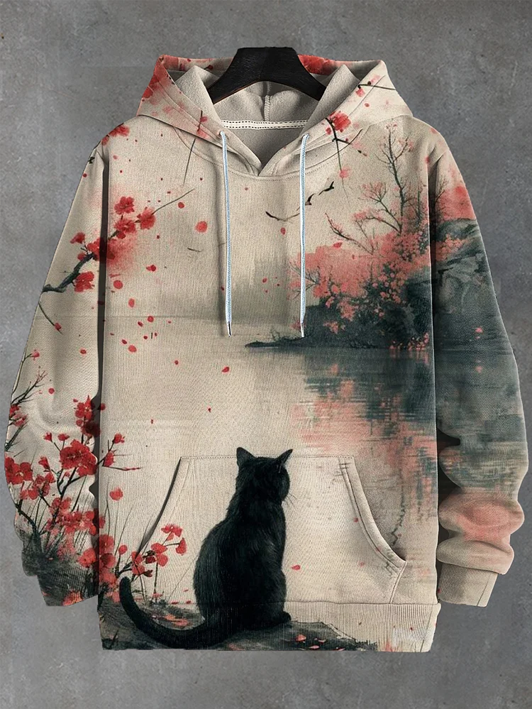 Men's Japanese Art Floral Black Cat Printed Casual Hoodie