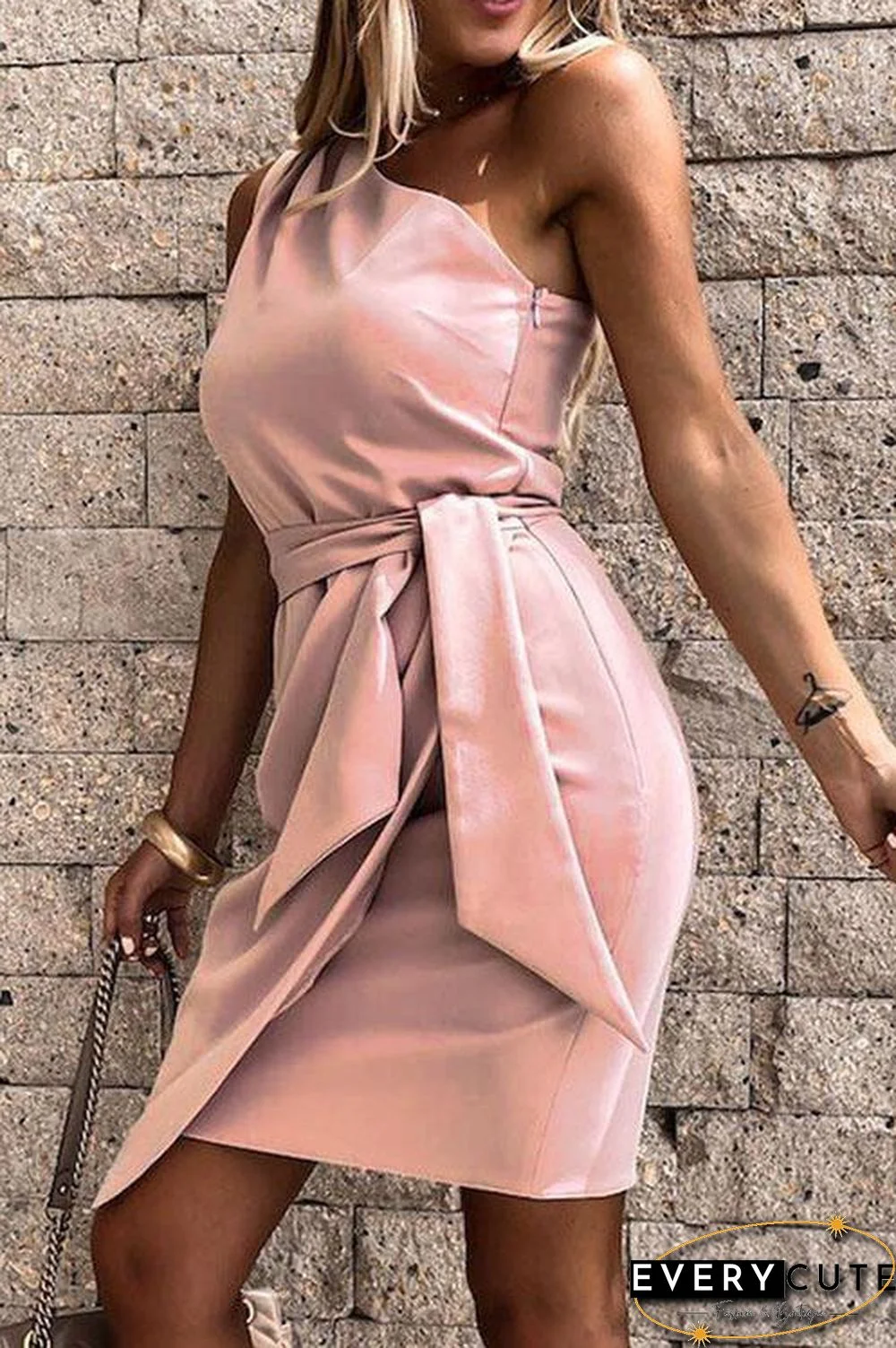 Sleeveless Oblique Shoulder Irregular Tie Dress