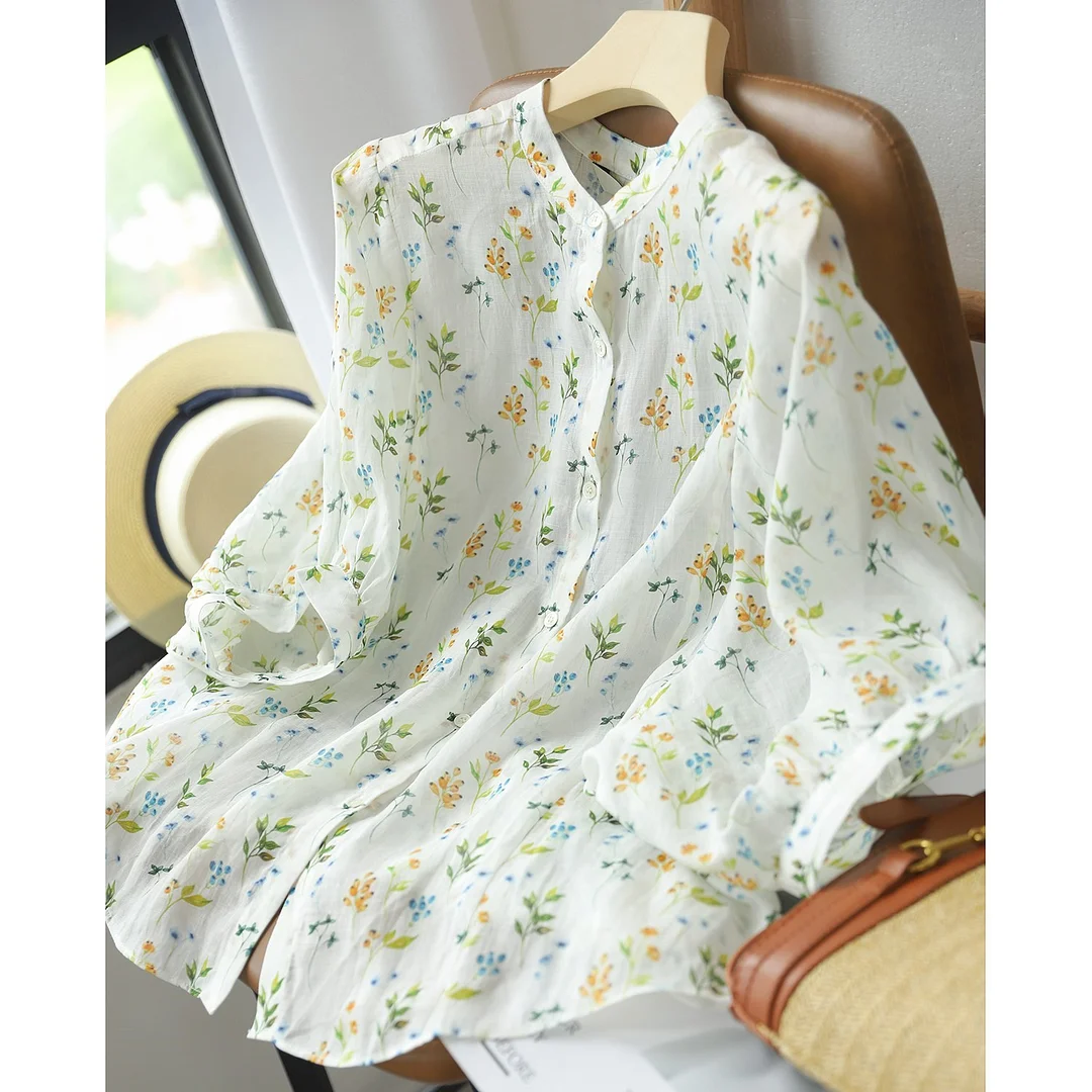 Uveng Uveng Goods Export Counter Original Single Tail Goods Elegant Age-Old Bubble Sleeve Print White Shirt Top Woman