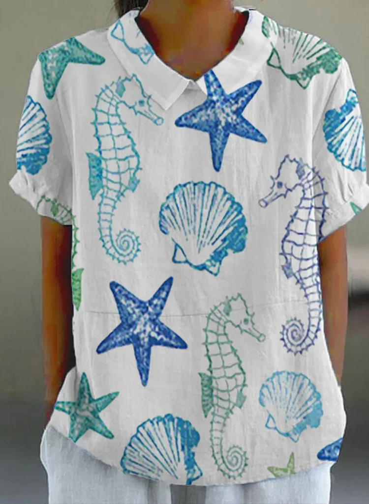 Women Ocean Star Printed Lapel Collar T-Shirt