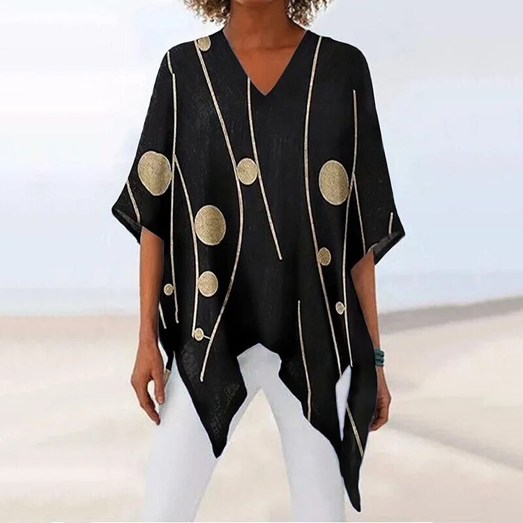 Women's Polka Dot Printed Cotton And Linen Top