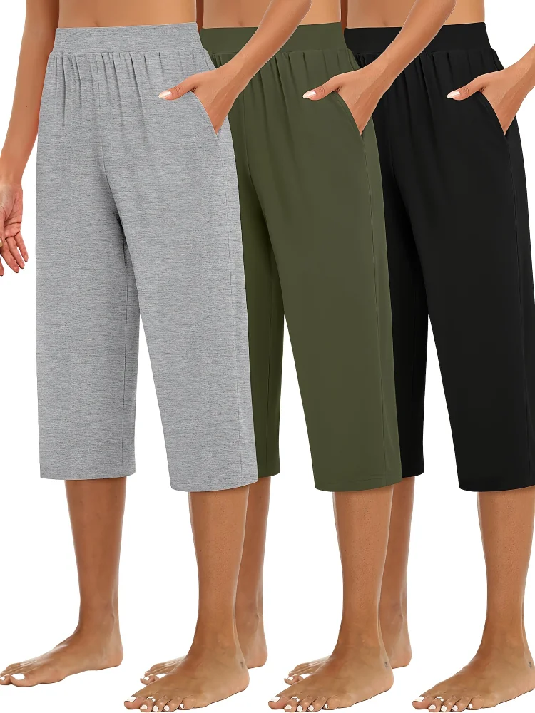 3-Pack Women's Loose-Fit Capri Joggers With Pockets - Mid-Stretch Yoga Sweatpants For Lounge, 7/8 Length, Machine Washable, Solid Colors Beige/Navy/Black) - Spring Summer Fall Casual Athletic Wear, Jogging Pants, Lounge Wear, Cropped Pants