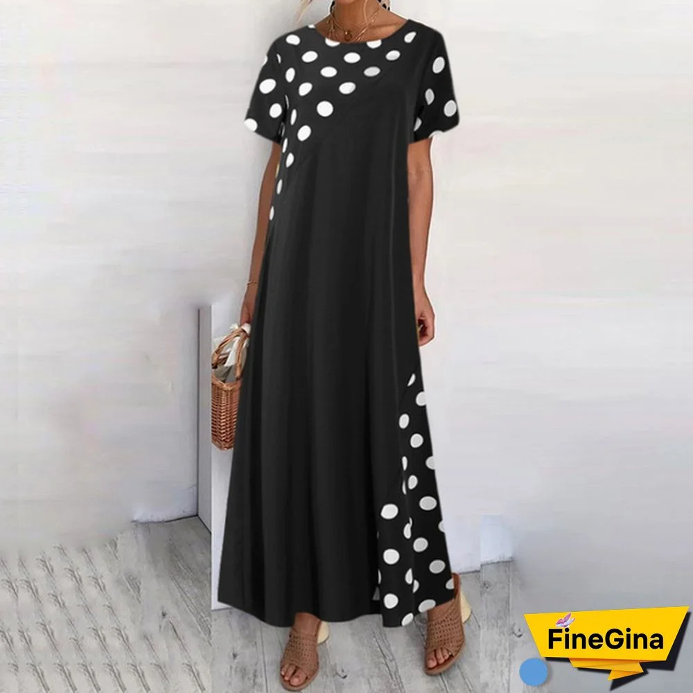 Summer Women Polka Dot Maxi Dress Robe Short Sleeve Round Neck Patchwork Party Casual Loose Long Dress Plus Size Tunic