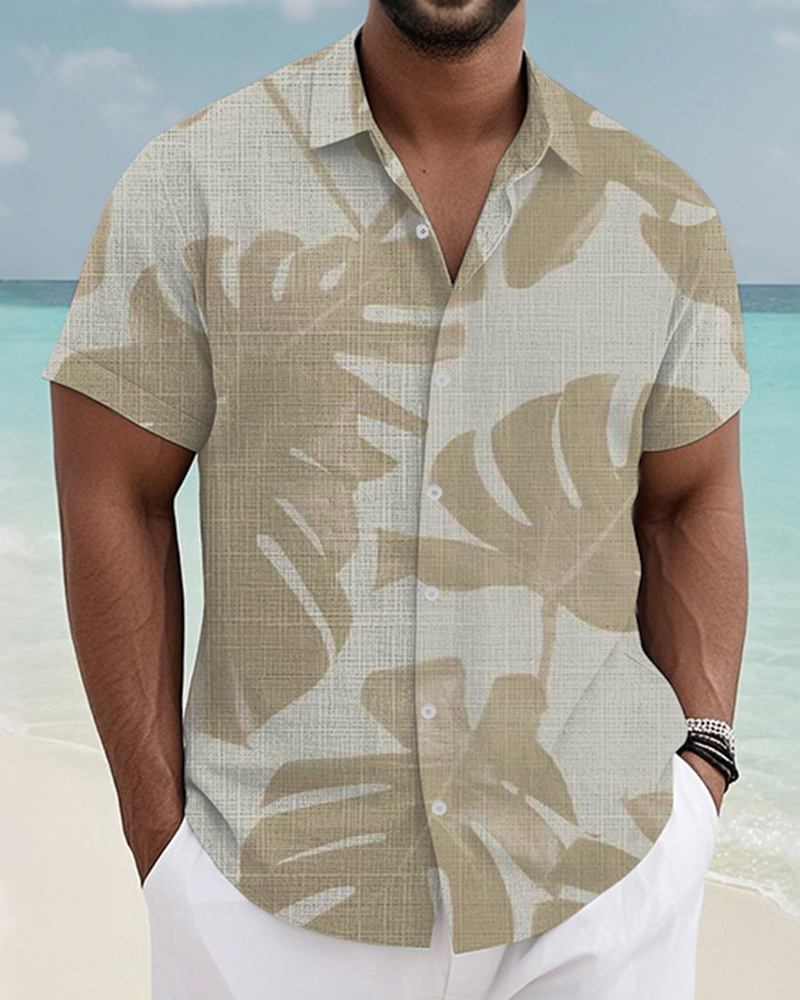 Men's Plus Size Hawaiian Apricot Leaf Print Short Sleeve Slub Shirt