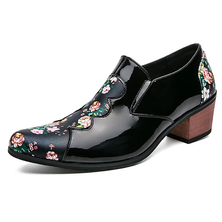 Floral Print PU Leather Pointy Toe High Heel Slip-On Casual Loafers Shoes