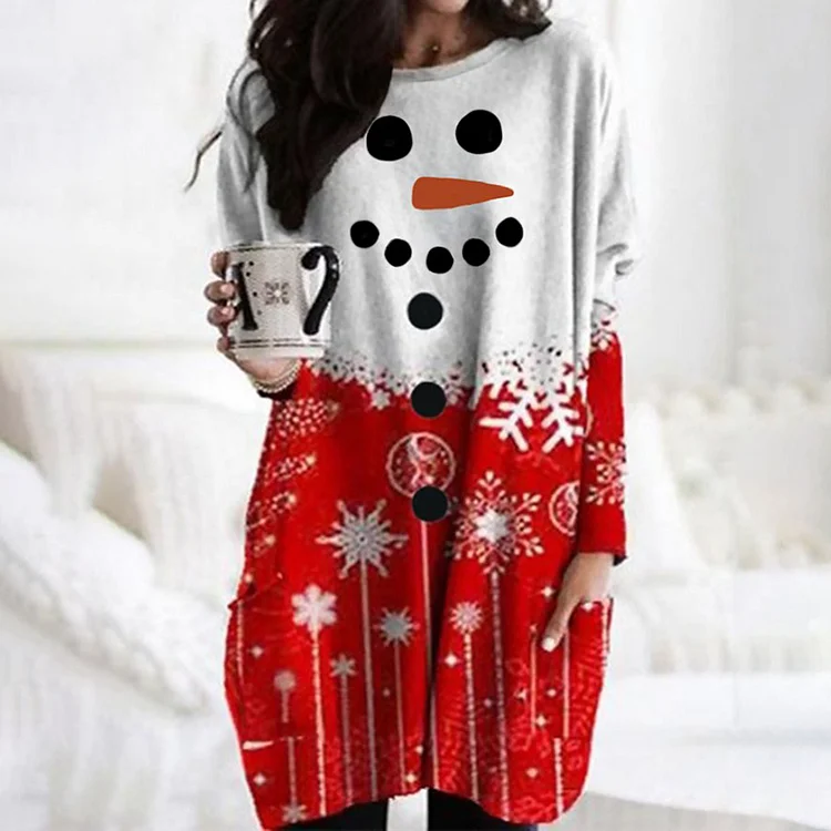 Wearshes Christmas Snowman Snowflake Long Sleeve Pockets Casual Tunic