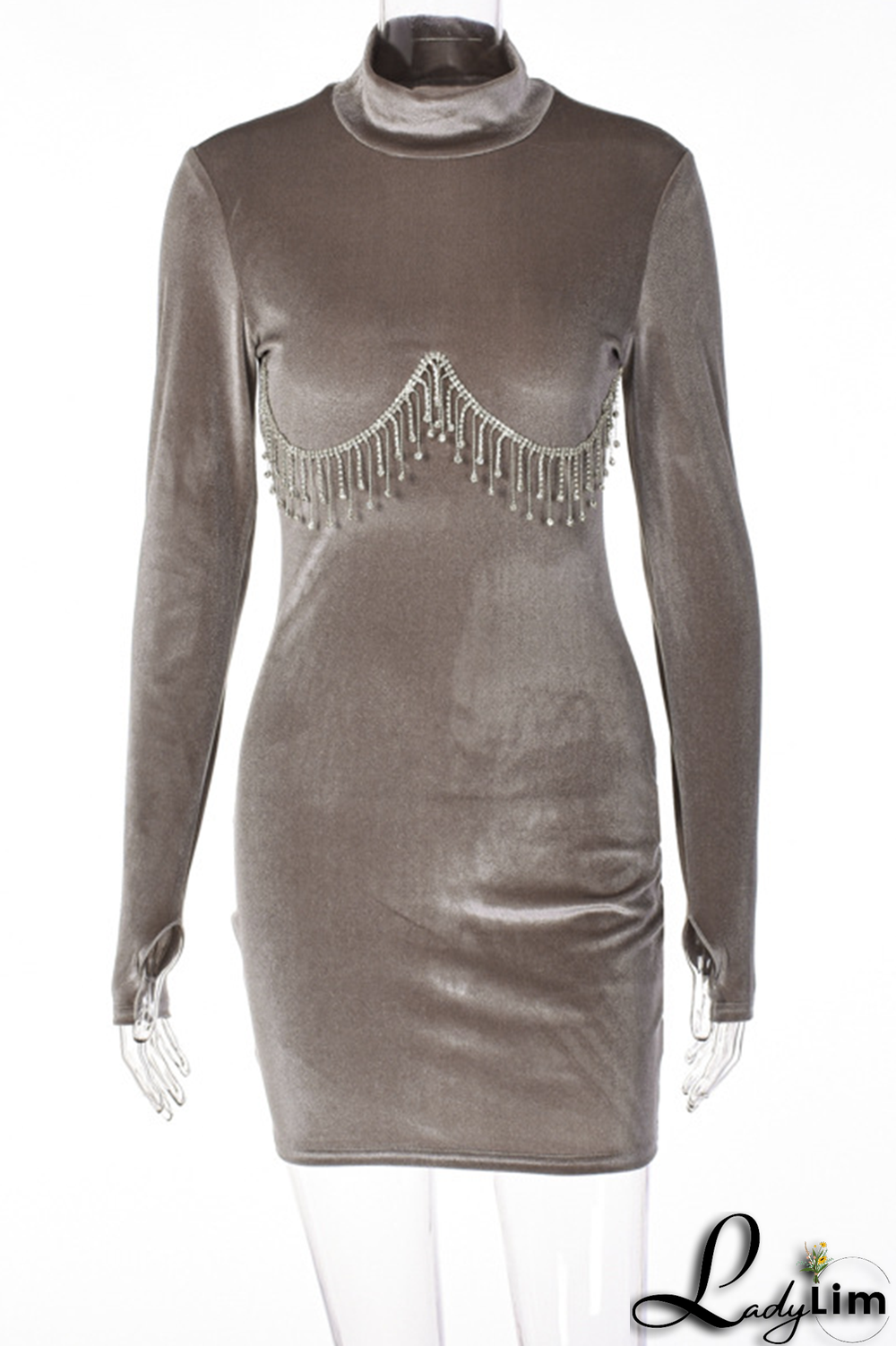 Rose Red Sexy Solid Rhinestone Half A Turtleneck Pencil Skirt Dresses