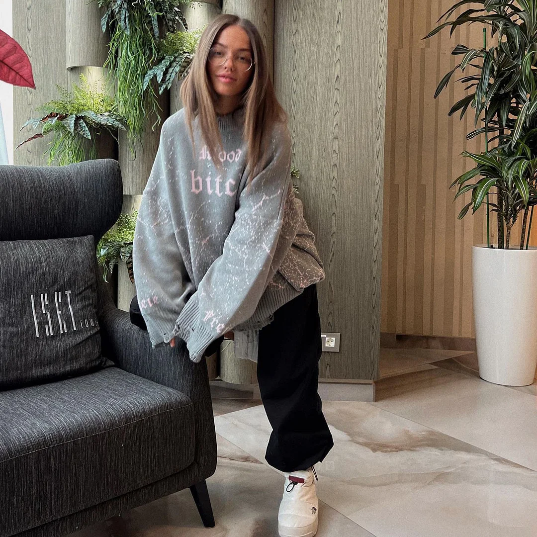 Athvotar Athvotar Blogger Wind With Loose Letter Embroidery Personality Tattered Knitted Sweater Casual Personality Sweater Women Autumn And Winter