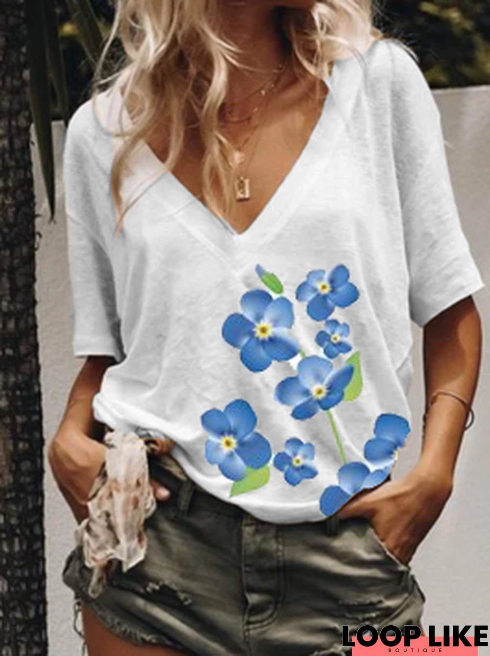 V Neck Short Sleeve Myosotis alpestris Floral Shift T-shirt