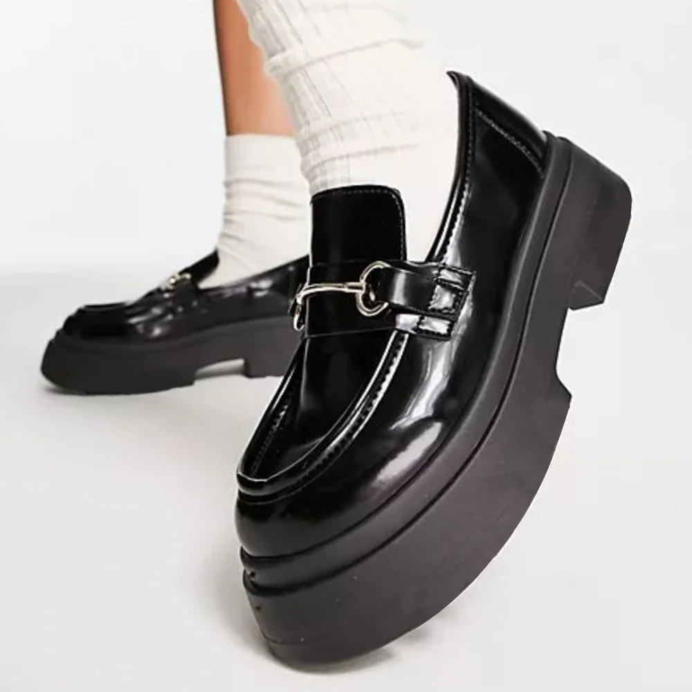 Black Patent Leather Loafers With Platform Lug Sole Women Flats Nicepairs